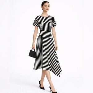 Karl Lagerfeld Paris Black White Striped Asymmetrical  Fit Flare Dress Sz 4 💛